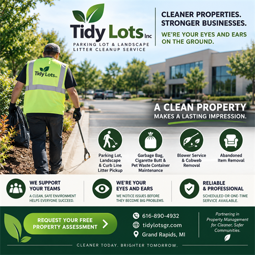 Tidy Lots provides professional parking lot, landscape, and curb-line litter cleanup services for commercial properties throughout Grand Rapids and West Michigan.