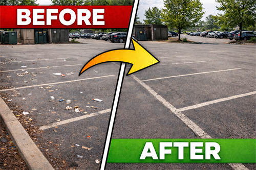 Before-and-after parking lot cleanup by Tidy Lots. We remove litter and debris from commercial parking lots, helping businesses maintain clean, safe, and professional properties.