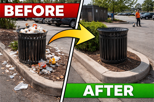 Before-and-after commercial trash can cleanup. Tidy Lots removes overflowing waste and surrounding litter to keep parking lots, landscaped areas, and commercial properties clean and professional.