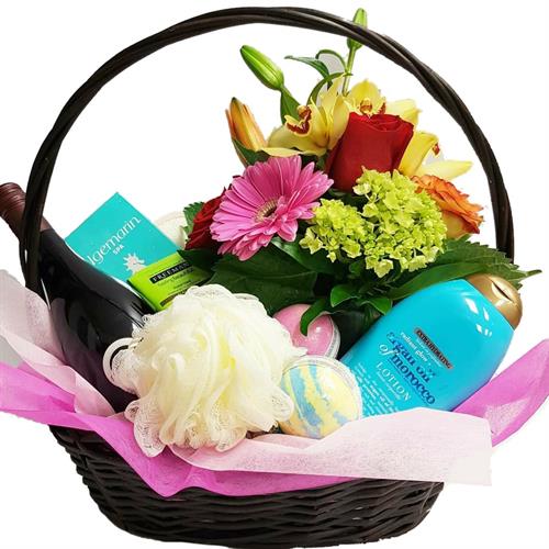 Flowers, Wine and Spa Basket