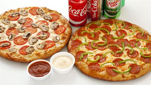 2 Medium Pizzas, drinks and dips deal