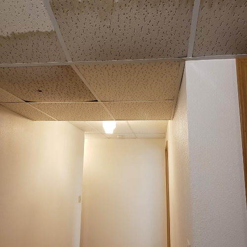 Ceiling tiles with water stains.
