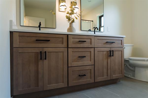 Vanity, countertop and cabinet pulls from Stone & Stile