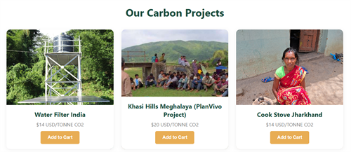 Through our partnership with Fair Climate Fund in India, we offer carbon credits that go towards projects globally that are actively working to reduce emissions and offer nature based solutions to communities in need Through our partnership with Fair Climate Fund in India, we offer carbon credits that go towards projects globally that are actively working to reduce emissions and offer nature based solutions to communities in need