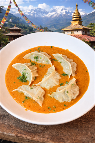 Jhol Momo " Dumpling Soup" Chicken or Beef with seasame and cumin seeds, soybean, tomatoes, cilantro, mint sauce