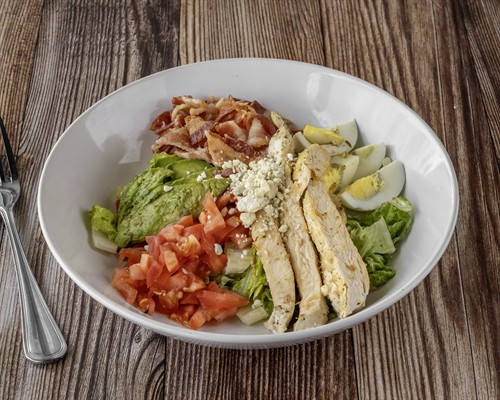 Cobb Salad: Romaine lettuce, tomato, avocado, bacon, bluce cheese crumbles, grilled chicken