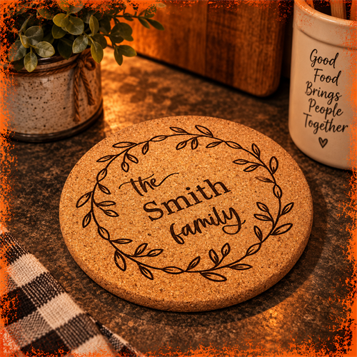 Personalized laser engraved cork trivet featuring a custom family design. Custom home décor and gifts made in Merrill, WI.