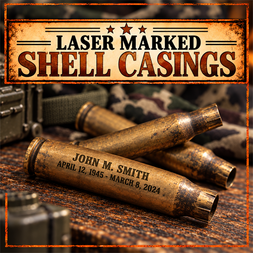 Custom laser marked shell casings for veteran memorial keepsakes and military funeral honors. Personalized with names, dates, and meaningful details by Copper Mine Laser Design LLC in Merrill, WI.