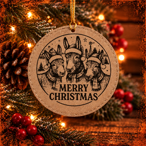 Custom laser engraved leatherette Christmas ornament. Personalized holiday ornaments, keepsakes and gifts available in Merrill, WI.