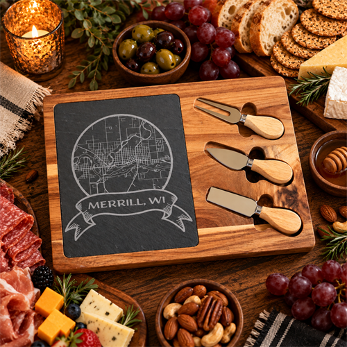 Custom engraved charcuterie and cheese serving board featuring a personalized Merrill, Wisconsin design.
