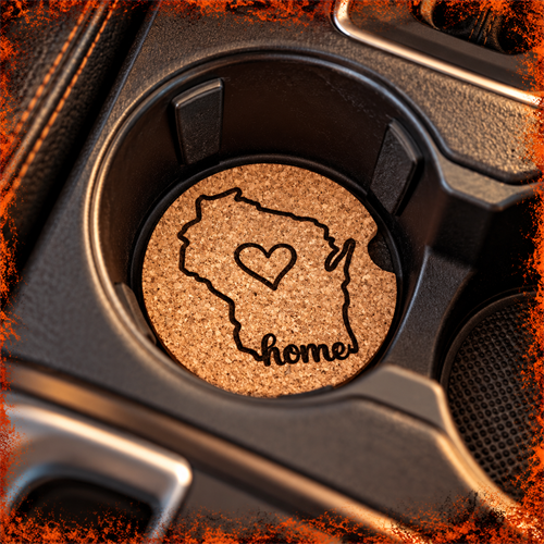 Custom laser engraved cork car coaster featuring a Wisconsin design. Personalized car accessories and gifts made in Merrill, WI.