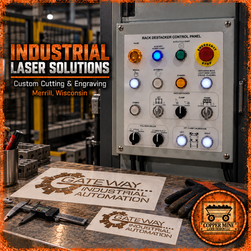 Industrial Laser Solutions | Merrill, Wisconsin - Copper Mine Laser Design LLC provides custom laser cutting and engraving in Merrill, WI, helping local manufacturers and businesses with reverse-engraved control panels, equipment labels, industrial stencils, identification, and other custom laser solutions. Proudly based in Merrill and serving Wausau, Tomahawk, Antigo, and businesses throughout Central Wisconsin.
