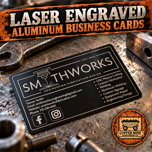 Custom laser engraved aluminum business cards created for SmithWorks Engineering, Fabrication, and Design in Merrill, WI. Shared with their permission. Another great example of local businesses supporting local businesses!