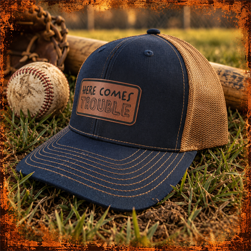 Custom hat with a laser engraved leatherette patch. Personalized hats and business branding available in Merrill, Wisconsin.