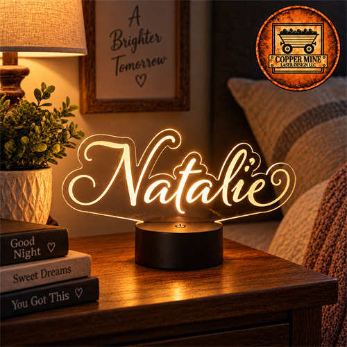 Custom laser cut and engraved acrylic LED lights by Copper Mine Laser Design LLC in Merrill, Wisconsin. These personalized light-up signs are perfect for children's bedrooms, nurseries, nightlights, birthdays, and unique gifts. Customize yours with names, designs, or special messages. Proudly serving Merrill, Wausau, and Central Wisconsin.
