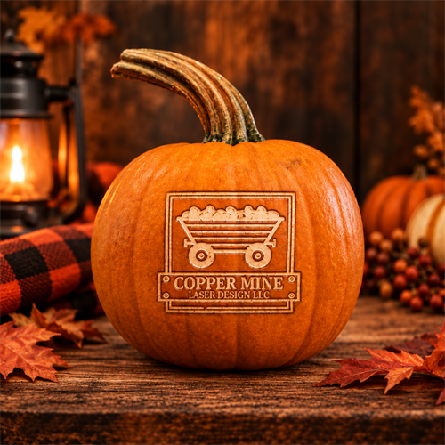 Custom laser engraved pumpkin featuring a business logo. Creative laser engraving and one-of-a-kind custom projects in Merrill, Wisconsin.