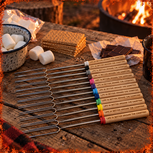 Custom engraved s’more roasting sticks with personalized wood handles, perfect for camping, cabins, families and gifts.