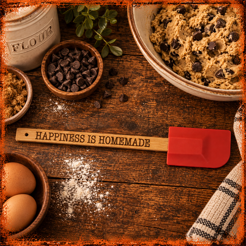 Custom laser engraved wood-handle silicone spatula. Personalized kitchen gifts and custom engraving in Merrill, Wisconsin.