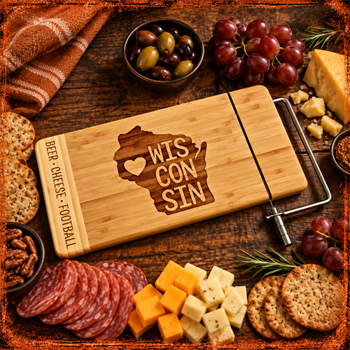 Personalized engraved wire cheese cutting board, custom laser engraved in Merrill, Wisconsin for gifts, weddings, holidays and more.