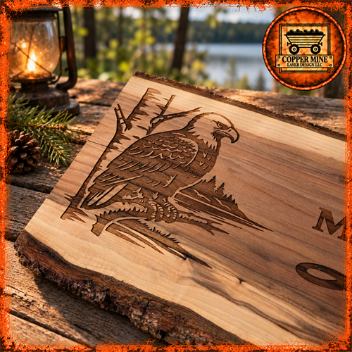 Custom laser engraving on natural live-edge wood by Copper Mine Laser Design LLC in Merrill, Wisconsin. From wildlife and outdoor designs to personalized signs and gifts, we create custom wood engravings for customers throughout Central Wisconsin.