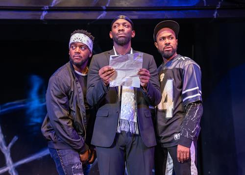 Torn from the world they know without warning, Grif (Cage Sebastian Pierre, from left), Isa (Kai A. Ealy), and Daz (Charles Andrew Gardner) find themselves stuck in a cosmic waiting room in James Ijames' KILL MOVE PARADISE, directed by Wardell Julius Clark, 2020. Photo by Lara Goetsch.