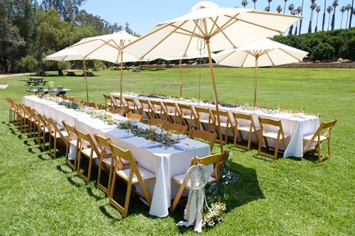 9ft Ivory Market Umbrellas, Natural Wood Chairs