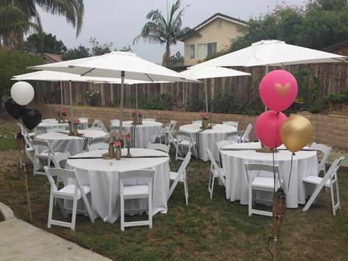 9ft White Umbrellas, White Padded Chairs