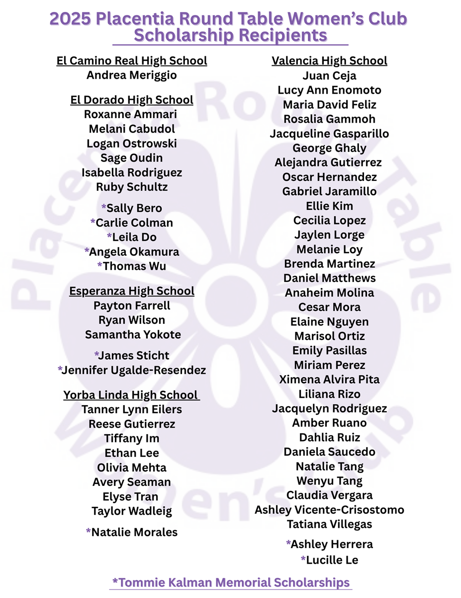 News Release:  Placentia Round Table Women's Club Awards $60,000 in Scholarships to Local Students