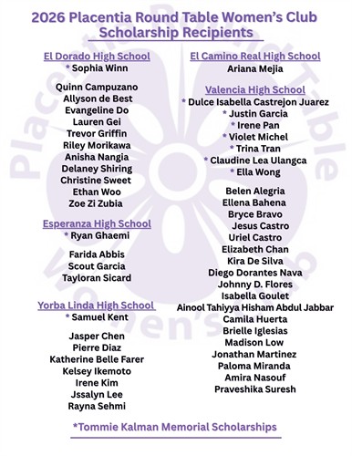 2026 Placentia Round Table Women's Club Scholarship Recipients