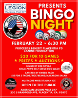 Bingo Fundraiser ~ American Legion Post 277 ~ Supporting Our K9 Heroes ~ Placentia