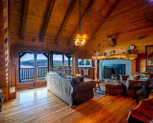 Living Room and Fireplace in Family Cabin.