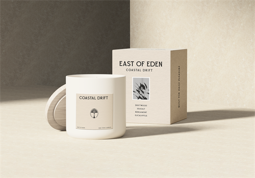 Brand design for East of Eden, a non-toxic candle brand specializing in coastal scents.