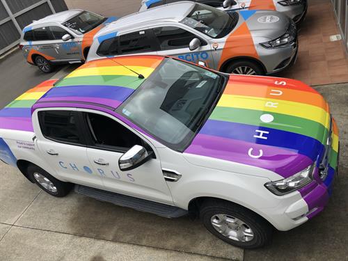 Rainbow vehicle for Chorus - Wellington Pride Festival