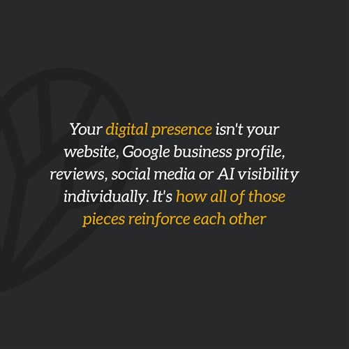 Your digital presence isn't your website, Google business profile, reviews, social media or AI visibility individually. It's how all of those pieces reinforce each other