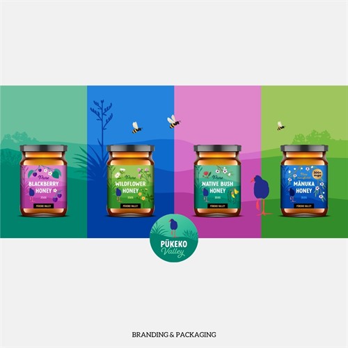 Branding and packaging design for Pukeko Valley Honey, including colourful illustrated honey labels and product packaging created by Bee Creative.