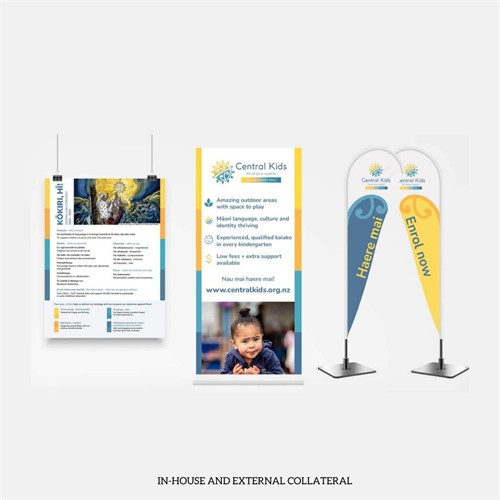Graphic design and marketing collateral for Central Kids, including banners, print materials and branded promotional assets designed by Bee Creative in Hamilton.