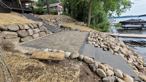 Boulder wall, pavers, shoreline restoration