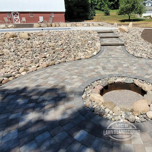 Paver Stone Patio with Firepit and Retaining Wall