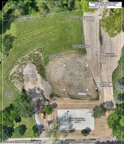 Scheffler Park construction site mapped by Blue Nose Aerial Imaging with overlayed site plan. 