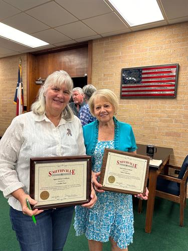 Caroline and Nancy received their appreciation award from the City of Smithville for their dedication to the City of Smithville's Historic Preservation and Design Standards Advisory Committee.