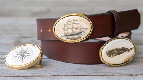 Full-Grain Leather Belts with Custom Scrimshaw Buckles Full-Grain Leather Belts with Custom Scrimshaw Buckles