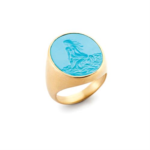 Hand Carved Sleeping Beauty Turquoise Mermaid set in 18kt Gold Signet Ring