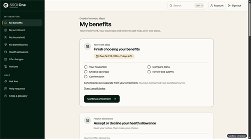 Employee preview — benefits, enrollment steps and help requests in one place. Fictional demonstration; no client data.