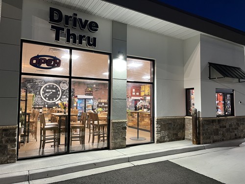 Front entrance of a popular Harford County coffee shop, inviting customers inside for espresso, lattes, and breakfast.