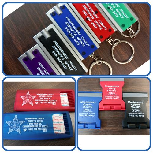 Promotional items (Band-Aid holder, Key chain, and Phone stand)