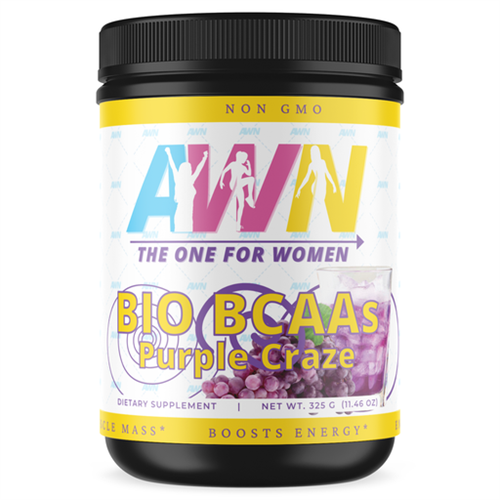 Bio BCAAs:  Purple Craze.  AW Nutrition’s Bio-BCAAs Purple Craze is packed with 4 grams of Branch Chain Amino Acids and 1 gram of Glutamine. Bio-BCAAs is formulated with the clinically dosed 2:1 Leucine to Isoleucine + Valine Ratio. Bio-BCAAs is for assisting in muscle recovery, adding lean muscle mass, and increasing endurance during exercise. Bio-BCAAs Purple Craze is a light-grape and refreshing drink that can be consumed pre, intra, and post-workout.