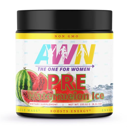 PRE:  Watermelon Ice:  AW Nutrition’s PRE Watermelon Ice is a unique and potent formula that includes 200mg of Caffeine for increased energy during high-intensity workouts, 2g of Citrulline Malate for optimized absorption, vasodilation and muscle pumps, 2g of Creatine Monohydrate for increased muscular energy, plus a Focus Matrix that helps to keep your mind task-focused and pushing through the demands of your intense workout.