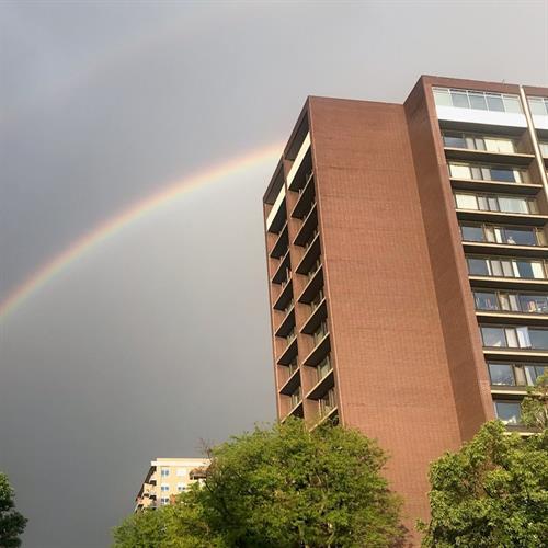 Rainbow over Kavod's West Building, one of three on the campus. 