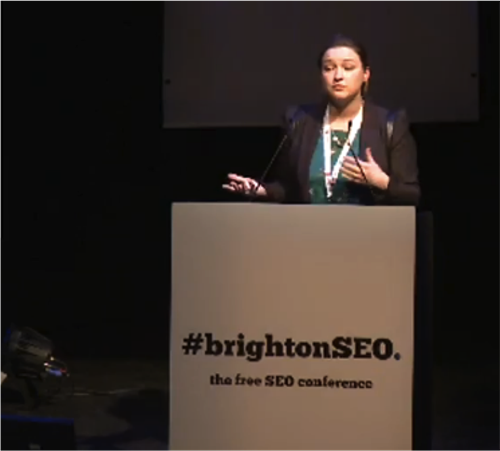 Jennifer Speaking on the main stage at Brighton SEO conference
