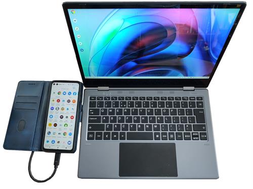 Sm@rtDock xFlip 2 - convertible touchscreen portable display with keyboard and touchpad for smartphones (Motorola G200 shown)